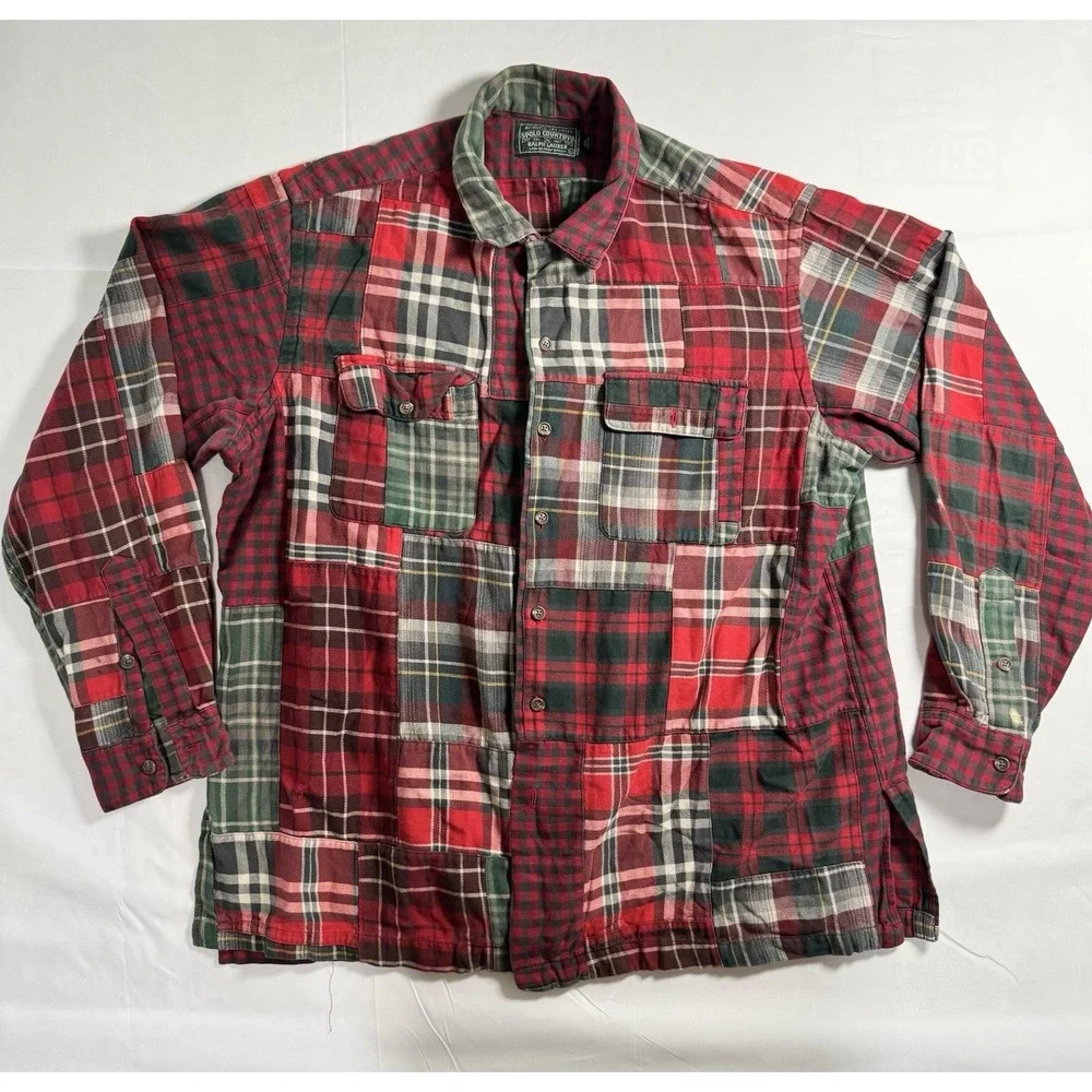 Vintage 90s Polo Country Ralph Lauren Patchwork Plaid Flannel Shirt Mens L